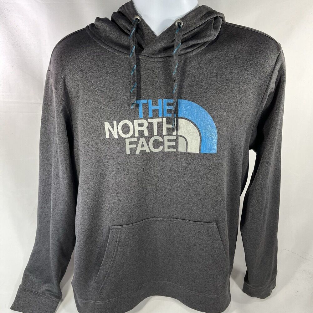 THE NORTH FACE HOODIE MENS LARGE DRAWSTRING HOODED SWEATSHIRT GRAY BLUE PULLOVER
